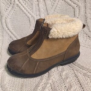 UGG Hapsburg Leather Duck Boots Brown Front Zip Waterproof Shearling Womens 7